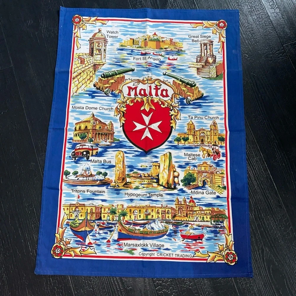 Vintage cricket Tea Towel Souvenir MALTA Landmarks‎